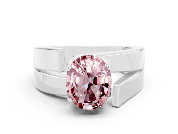 Silver Modern Tension Set Oval Cut Morganite Solitaire Wide Band Ring
