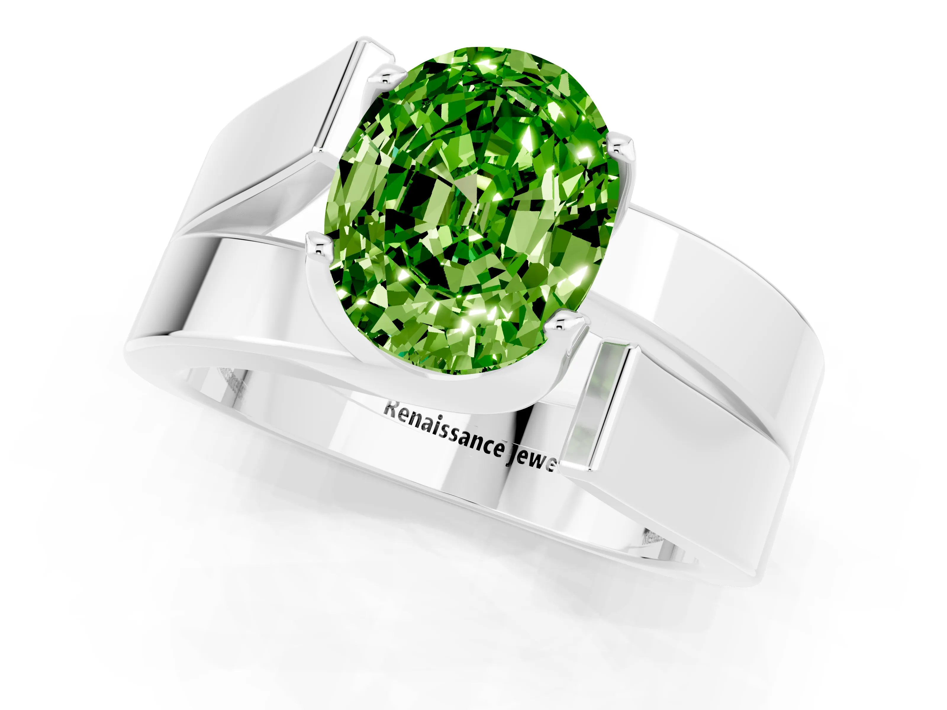 White gold Modern Tension Set Oval Cut Peridot Solitaire Wide Band Ring_1