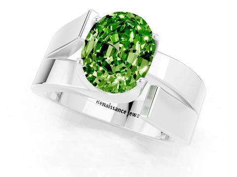 White gold Modern Tension Set Oval Cut Peridot Solitaire Wide Band Ring_1