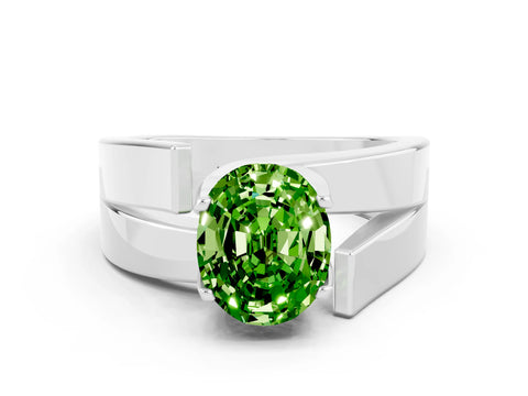 White gold Modern Tension Set Oval Cut Peridot Solitaire Wide Band Ring