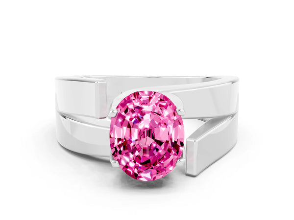 Platinum Modern Tension Set Oval Cut Pink Sapphire Solitaire Wide Band Ring