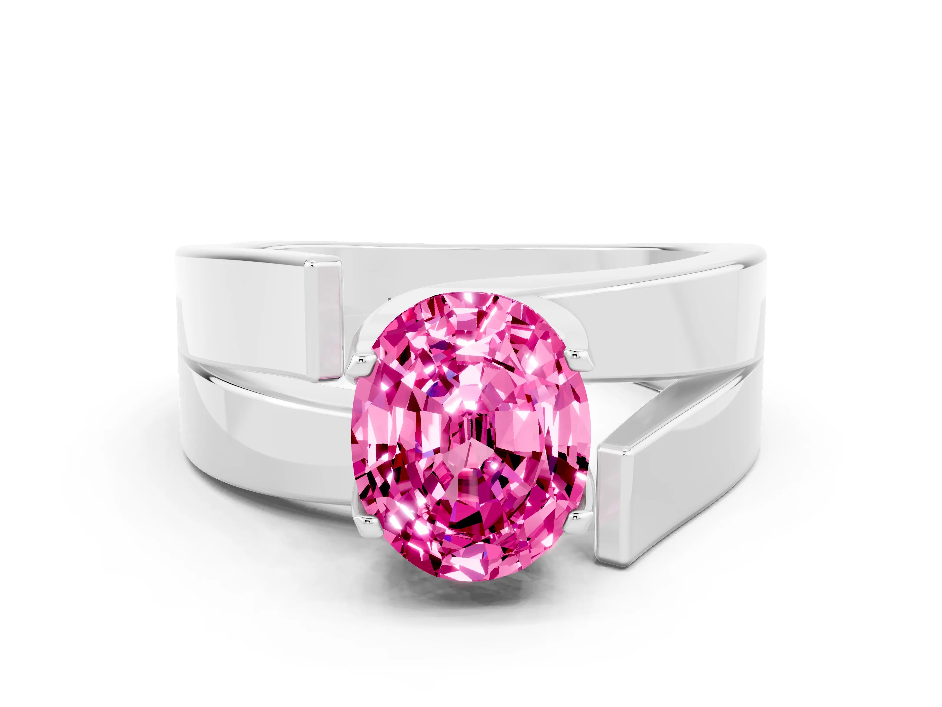 White gold Modern Tension Set Oval Cut Pink Sapphire Solitaire Wide Band Ring_12