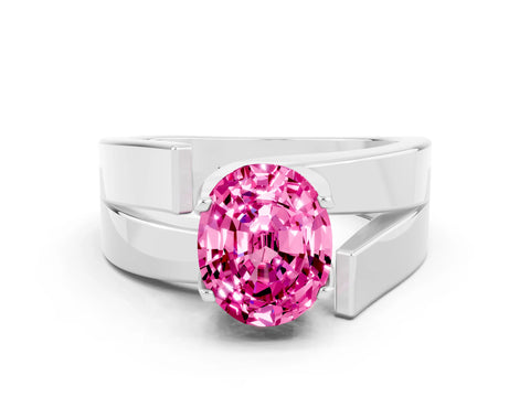 White gold Modern Tension Set Oval Cut Pink Sapphire Solitaire Wide Band Ring_12