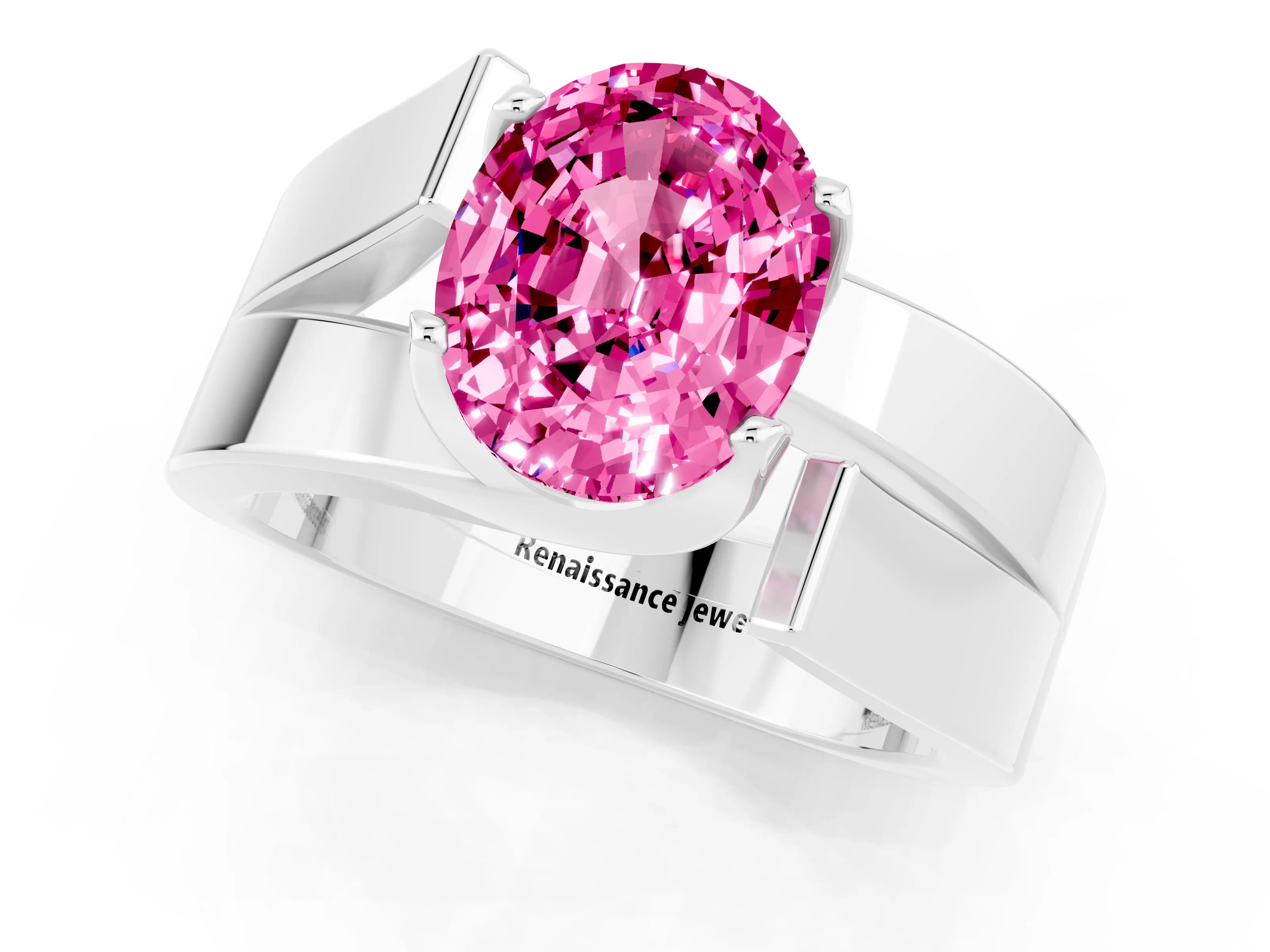 White gold Modern Tension Set Oval Cut Pink Sapphire Solitaire Wide Band Ring_13