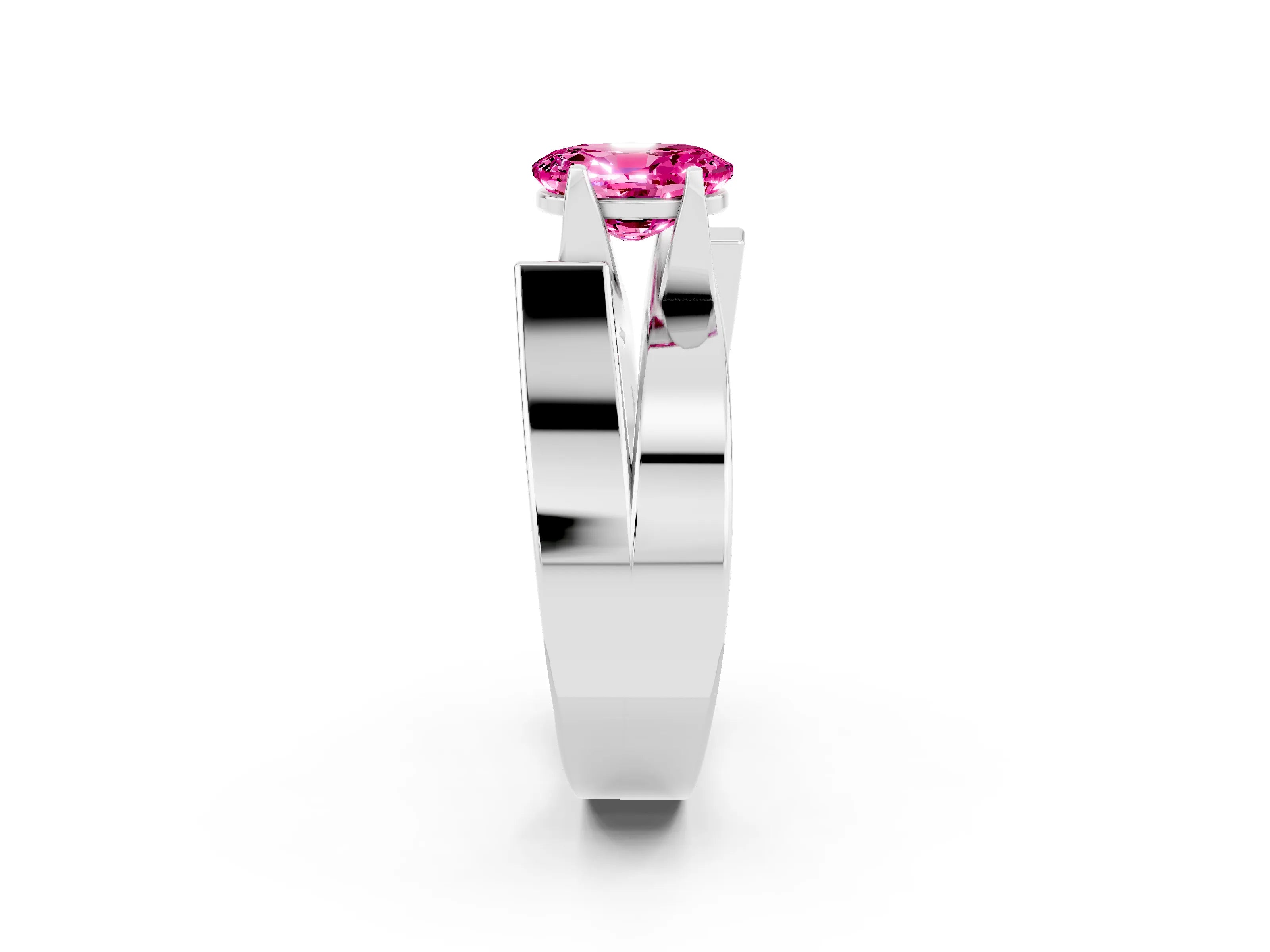 White gold Modern Tension Set Oval Cut Pink Sapphire Solitaire Wide Band Ring_14