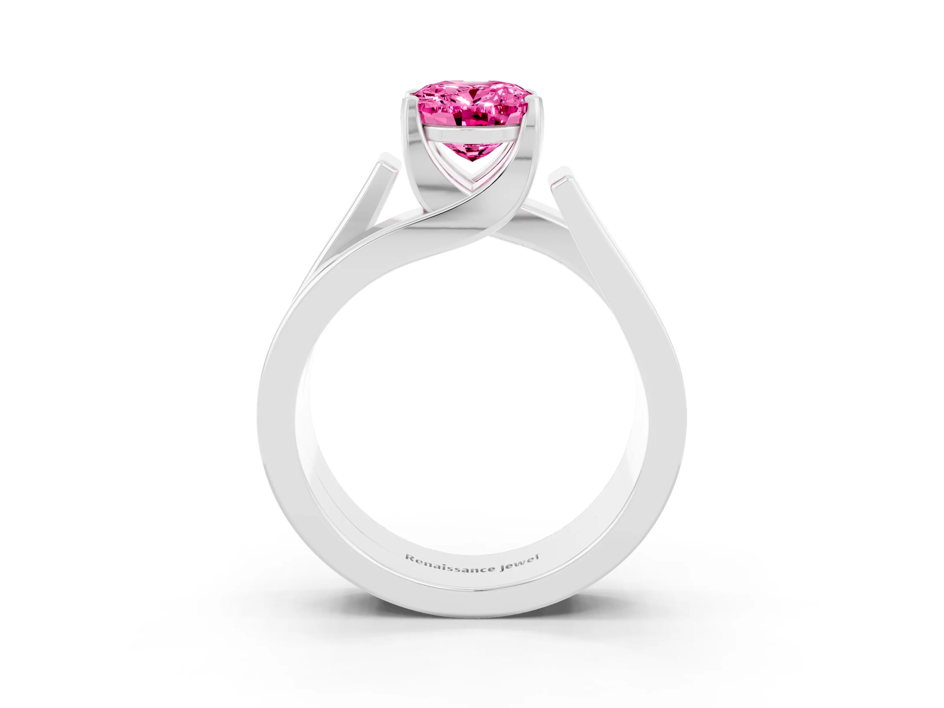 White gold Modern Tension Set Oval Cut Pink Sapphire Solitaire Wide Band Ring_15