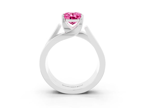 White gold Modern Tension Set Oval Cut Pink Sapphire Solitaire Wide Band Ring