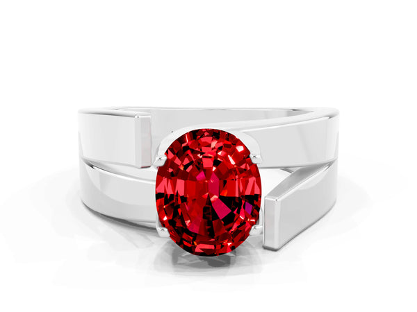 Platinum Modern Tension Set Oval Cut Ruby Solitaire Wide Band Ring