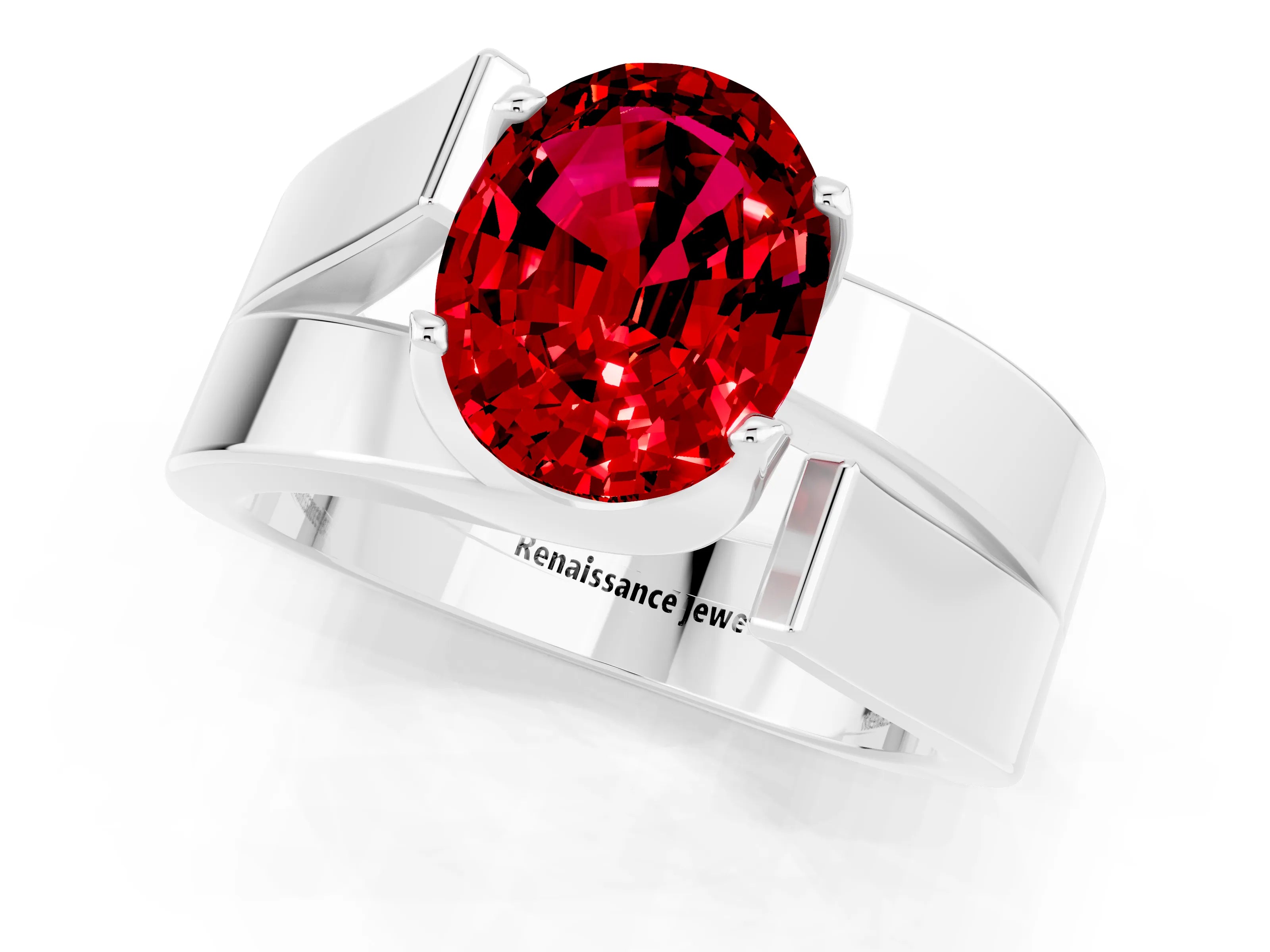 White gold Modern Tension Set Oval Cut Ruby Solitaire Wide Band Ring_1