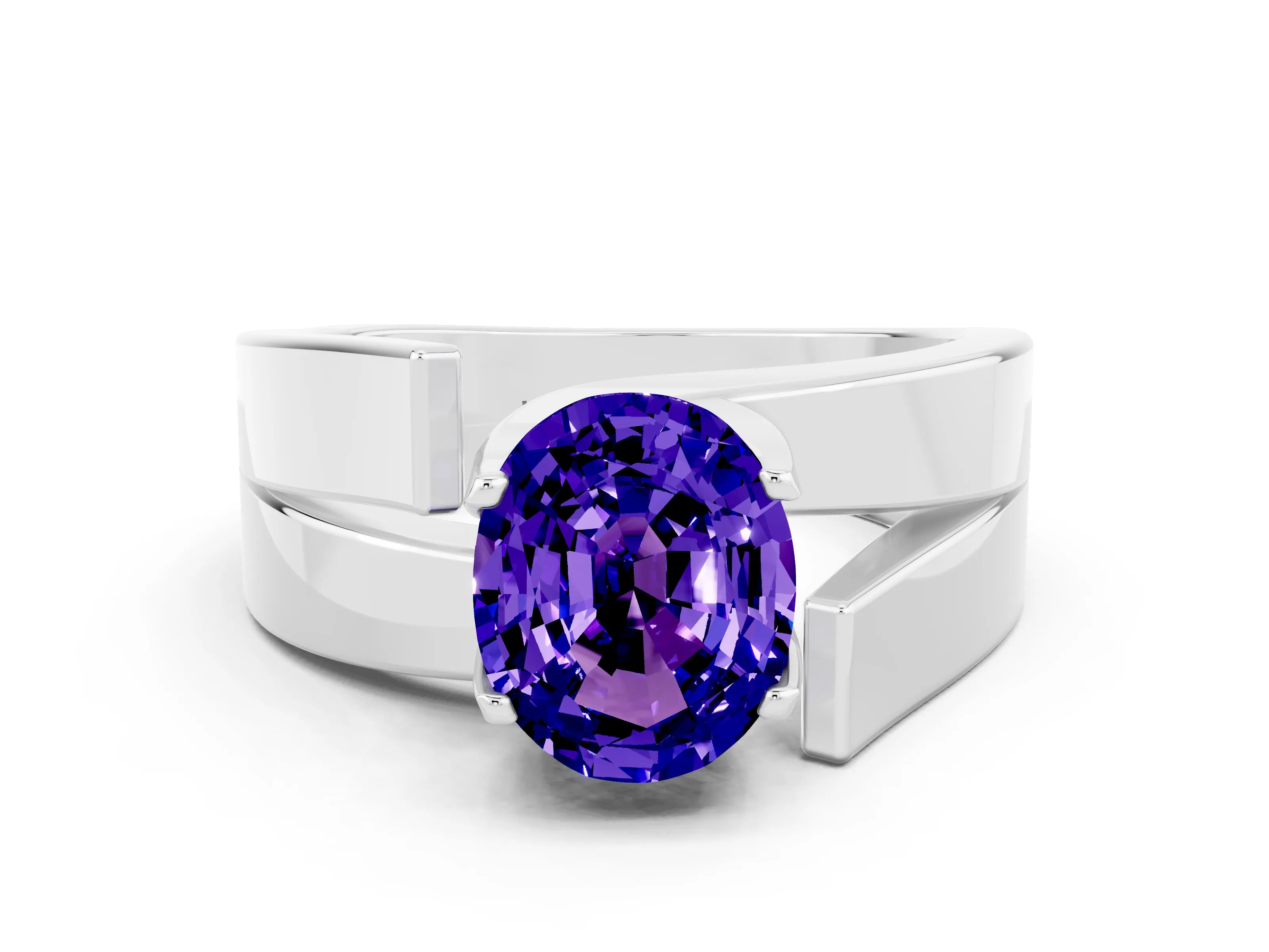 White gold Modern Tension Set Oval Cut Tanzanite Solitaire Wide Band Ring
