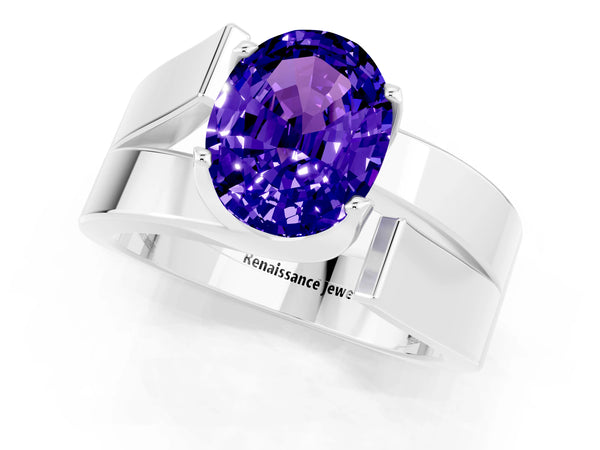 Silver Modern Tension Set Oval Cut Tanzanite Solitaire Wide Band Ring