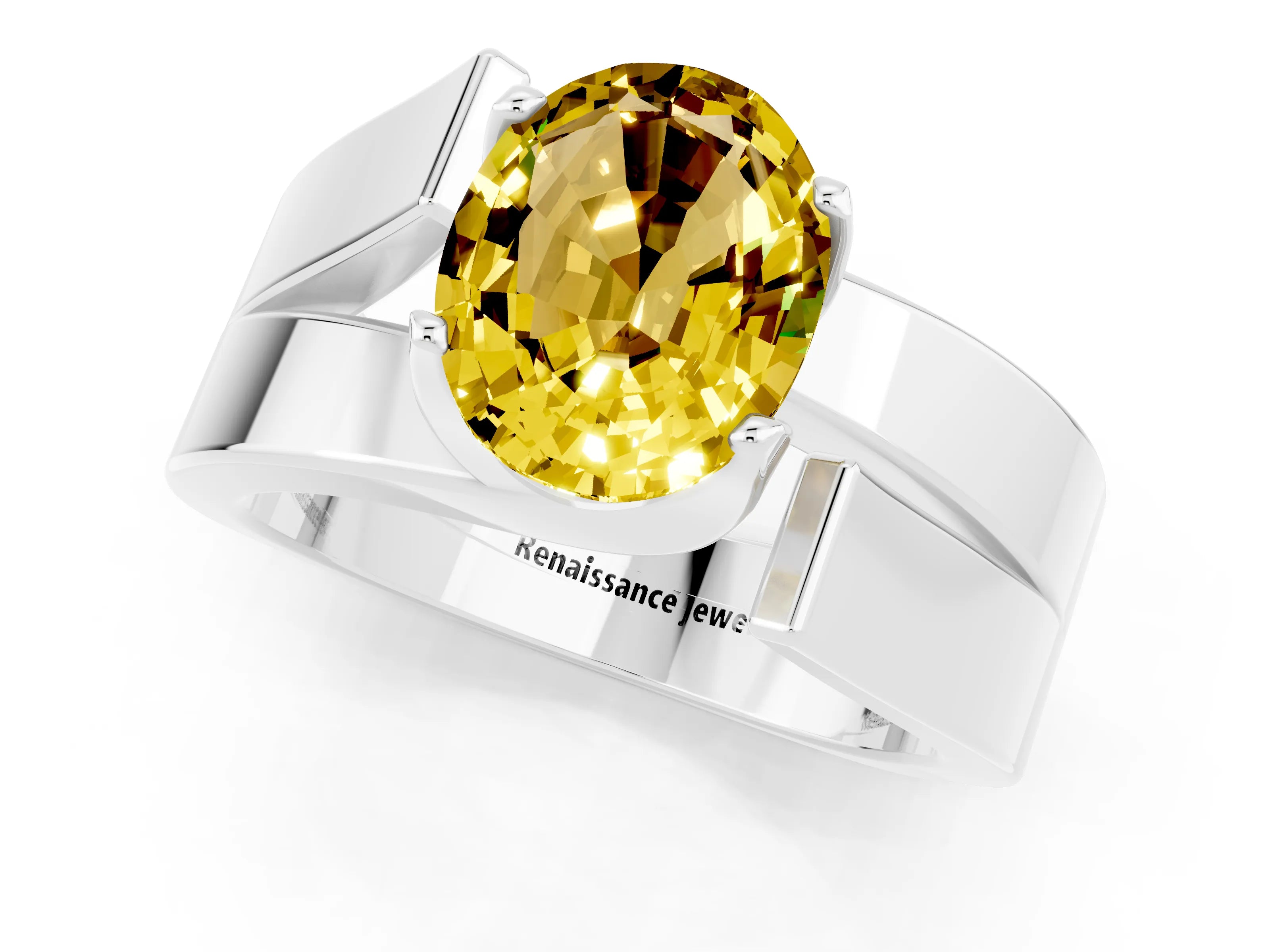White gold Modern Tension Set Oval Cut Yellow Sapphire Solitaire Wide Band Ring_13