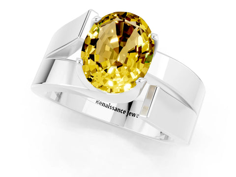 White gold Modern Tension Set Oval Cut Yellow Sapphire Solitaire Wide Band Ring_13