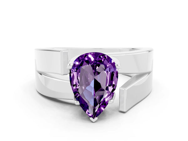 Platinum Modern Tension Set Pear Cut Amethyst Solitaire Wide Band Ring
