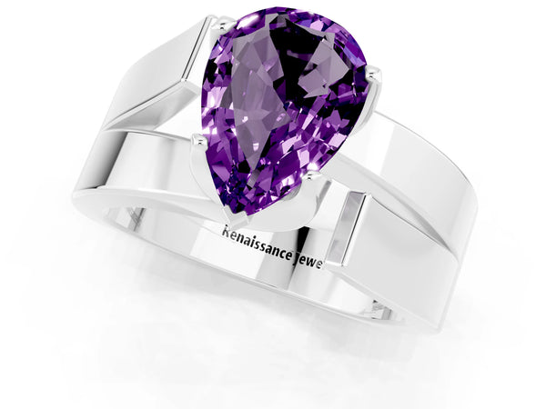 Platinum Modern Tension Set Pear Cut Amethyst Solitaire Wide Band Ring