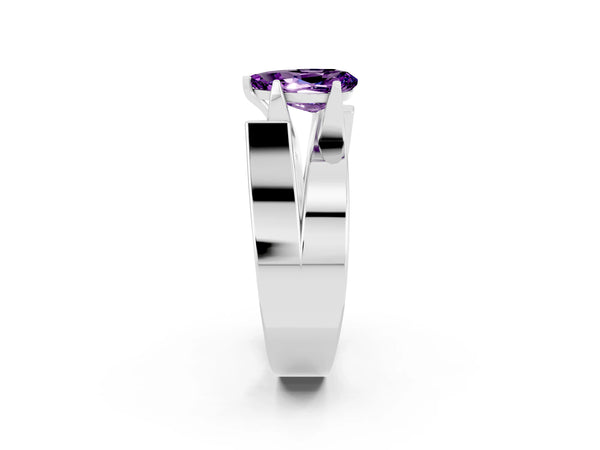 Platinum Modern Tension Set Pear Cut Amethyst Solitaire Wide Band Ring