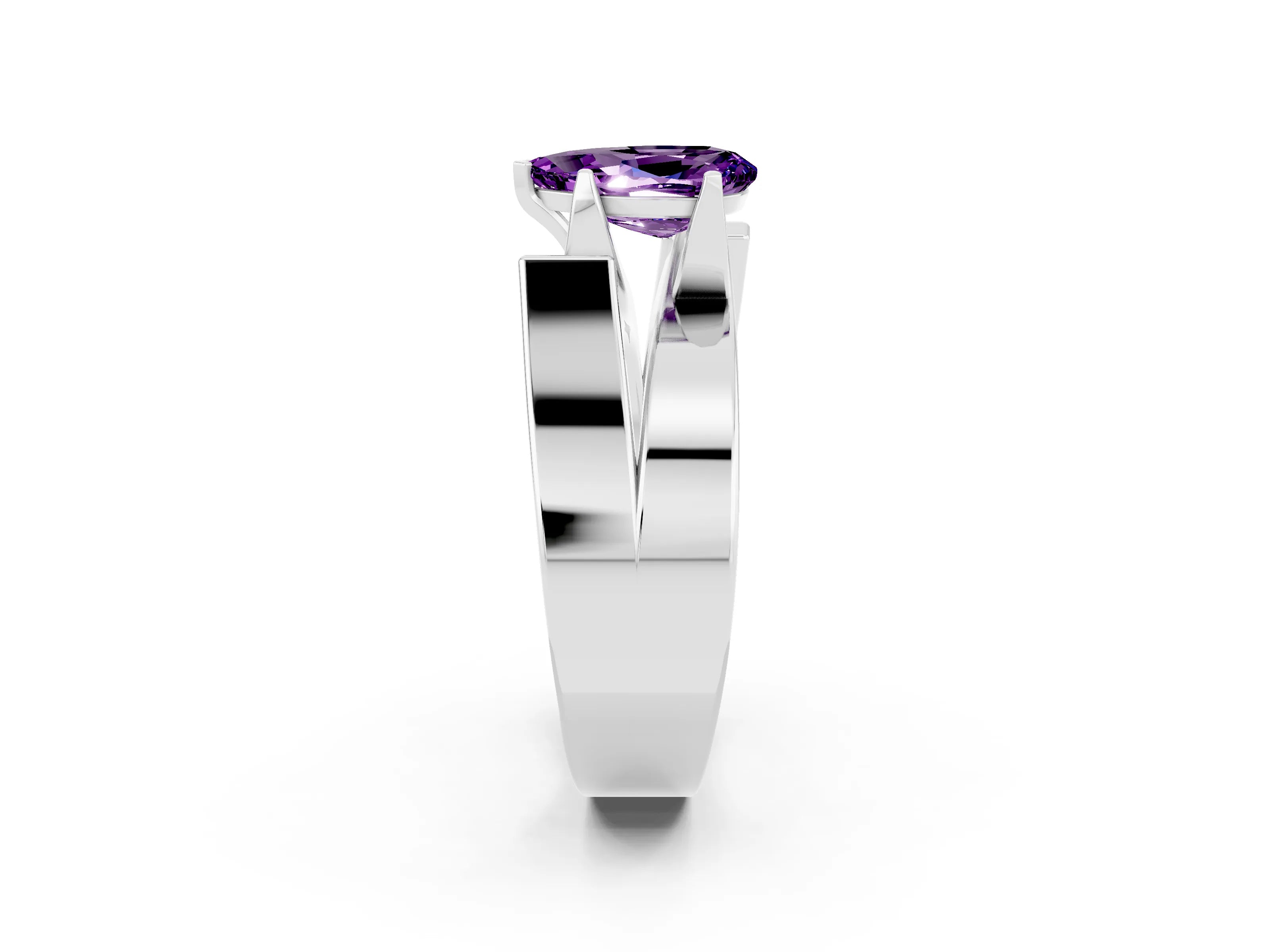 White gold Modern Tension Set Pear Cut Amethyst Solitaire Wide Band Ring_2