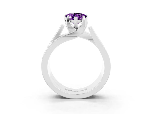 Platinum Modern Tension Set Pear Cut Amethyst Solitaire Wide Band Ring