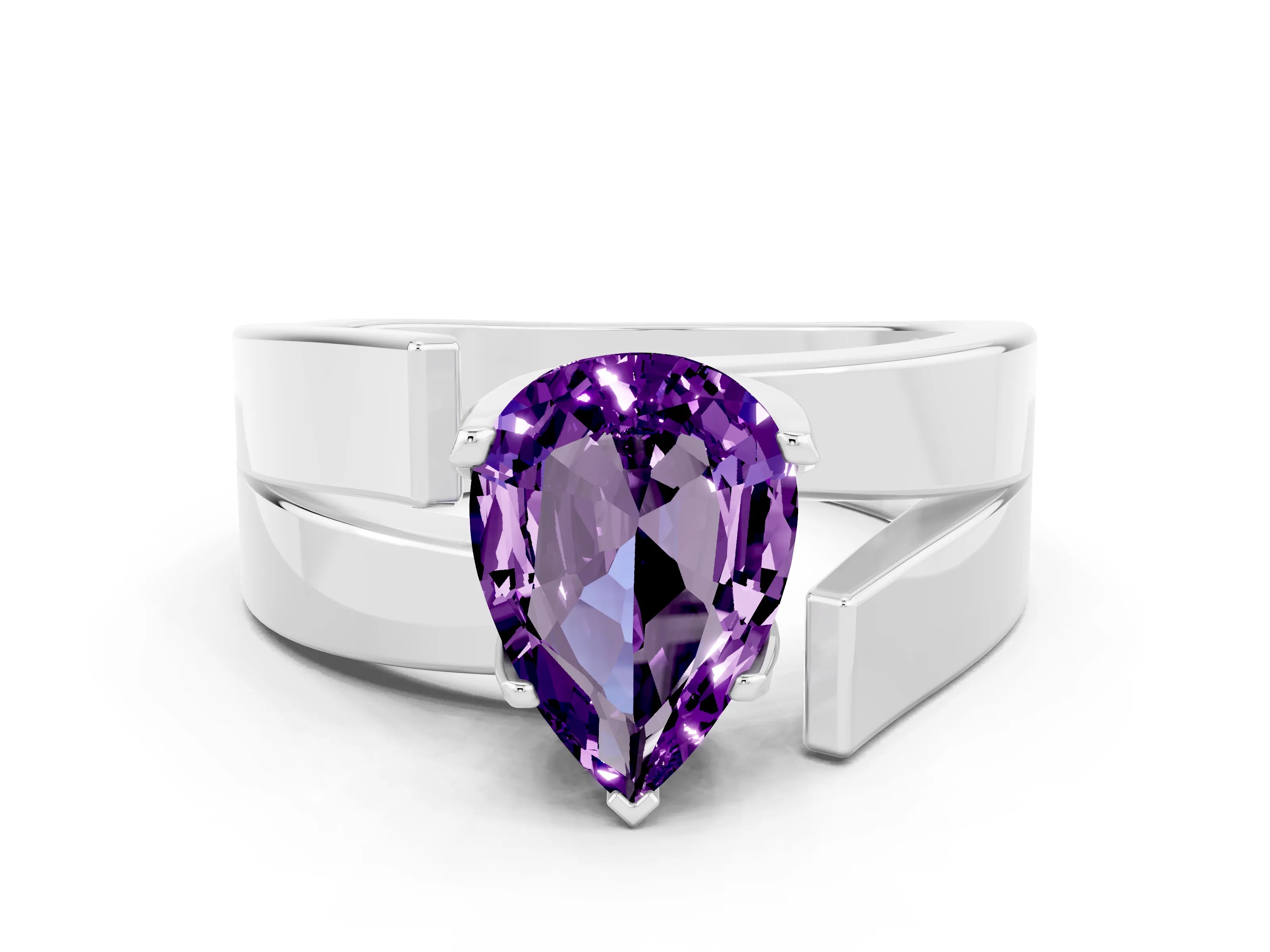 White gold Modern Tension Set Pear Cut Amethyst Solitaire Wide Band Ring