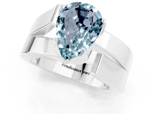 Silver Modern Tension Set Pear Cut Aquamarine Solitaire Wide Band Ring