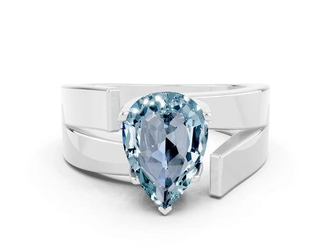 White gold Modern Tension Set Pear Cut Aquamarine Solitaire Wide Band Ring