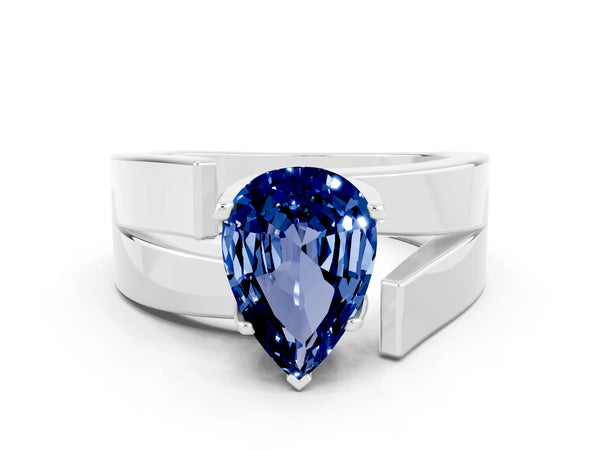 White gold Modern Tension Set Pear Cut Blue Sapphire Solitaire Wide Band Ring