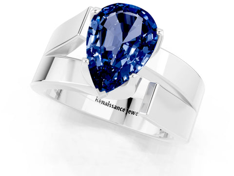 White gold Modern Tension Set Pear Cut Blue Sapphire Solitaire Wide Band Ring_1