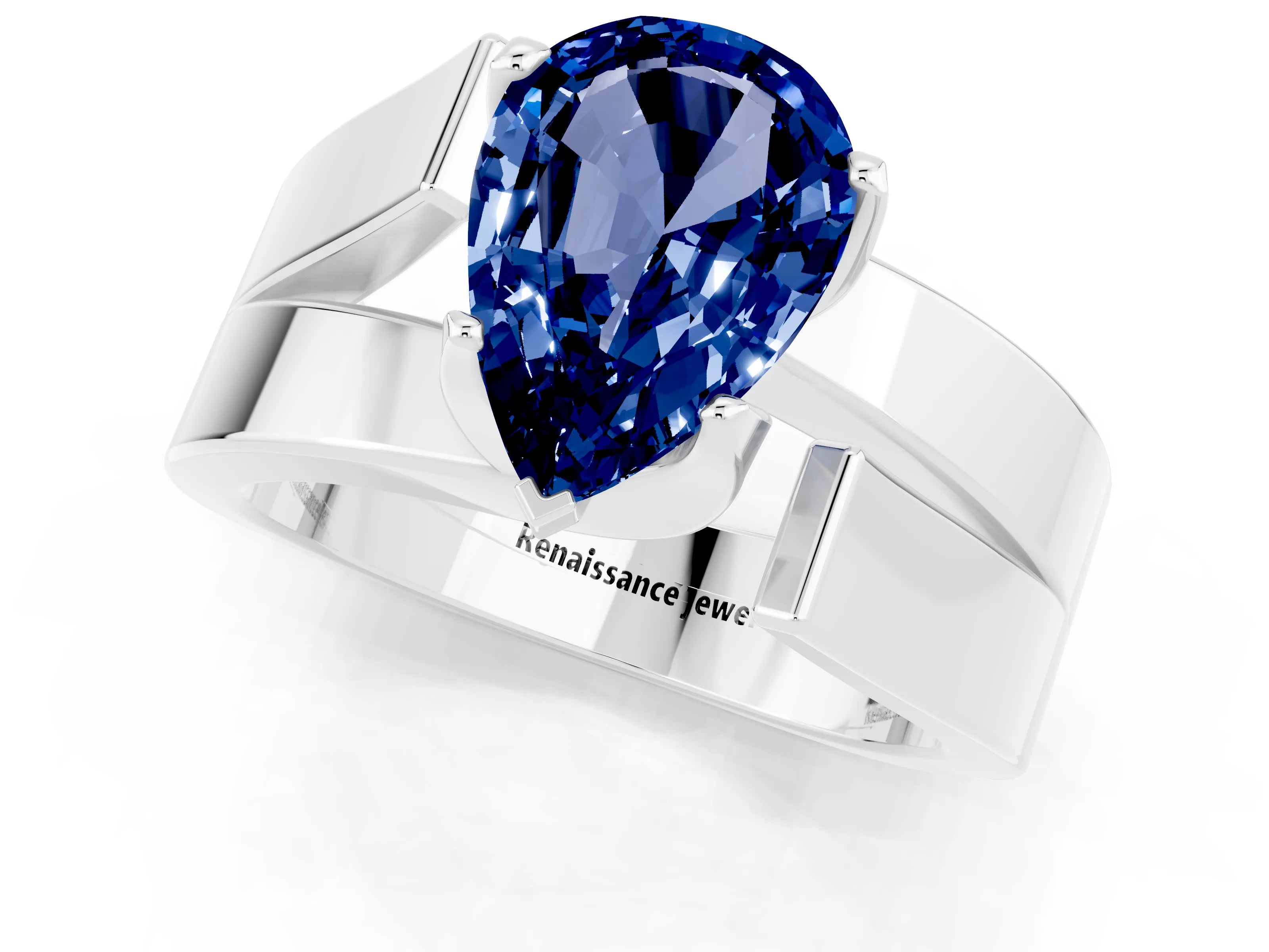 White gold Modern Tension Set Pear Cut Blue Sapphire Solitaire Wide Band Ring_1