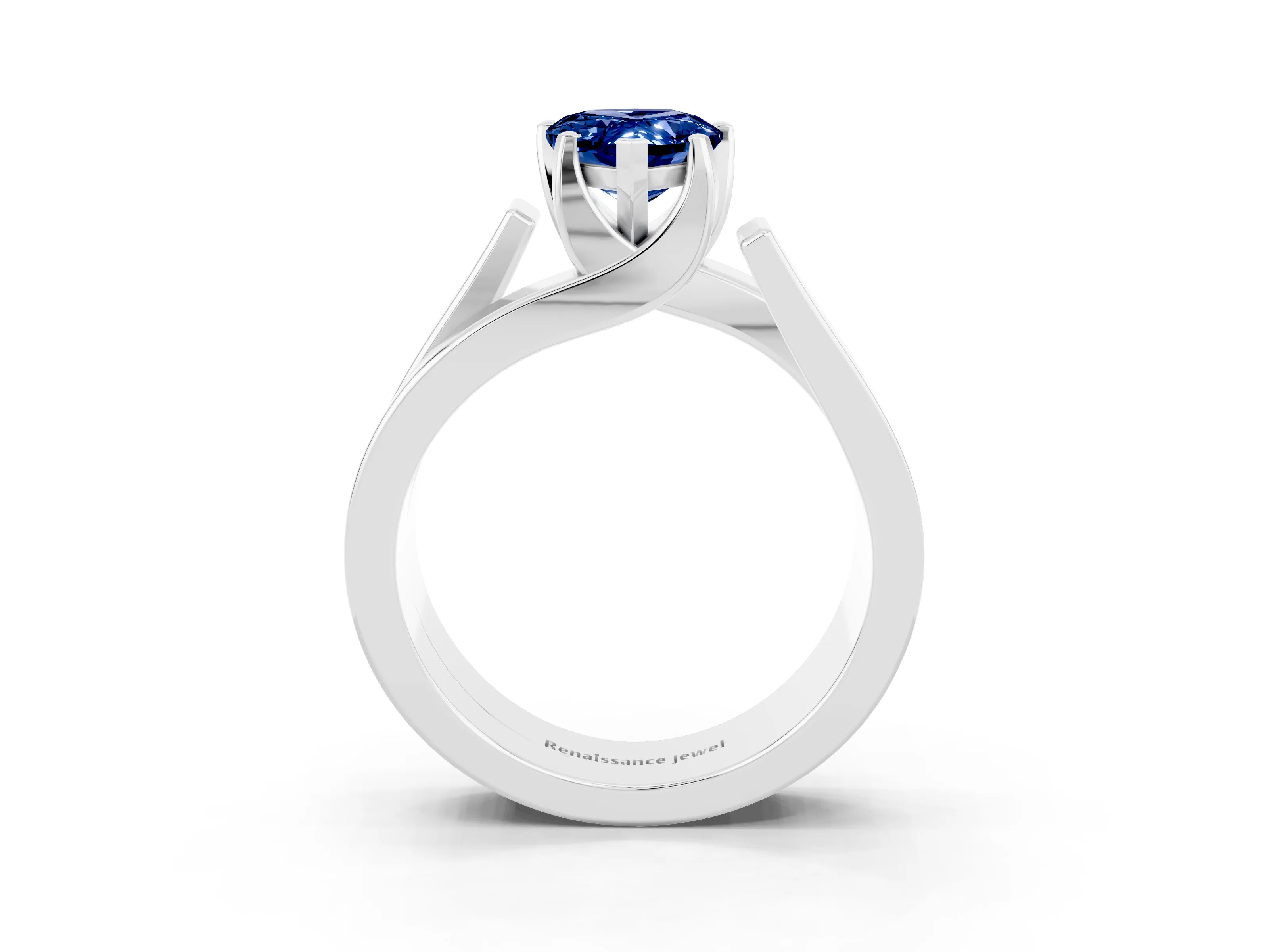 White gold Modern Tension Set Pear Cut Blue Sapphire Solitaire Wide Band Ring_3