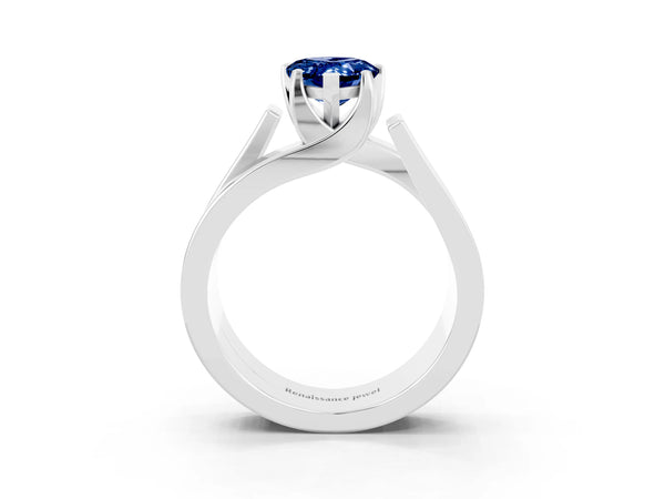 White gold Modern Tension Set Pear Cut Blue Sapphire Solitaire Wide Band Ring
