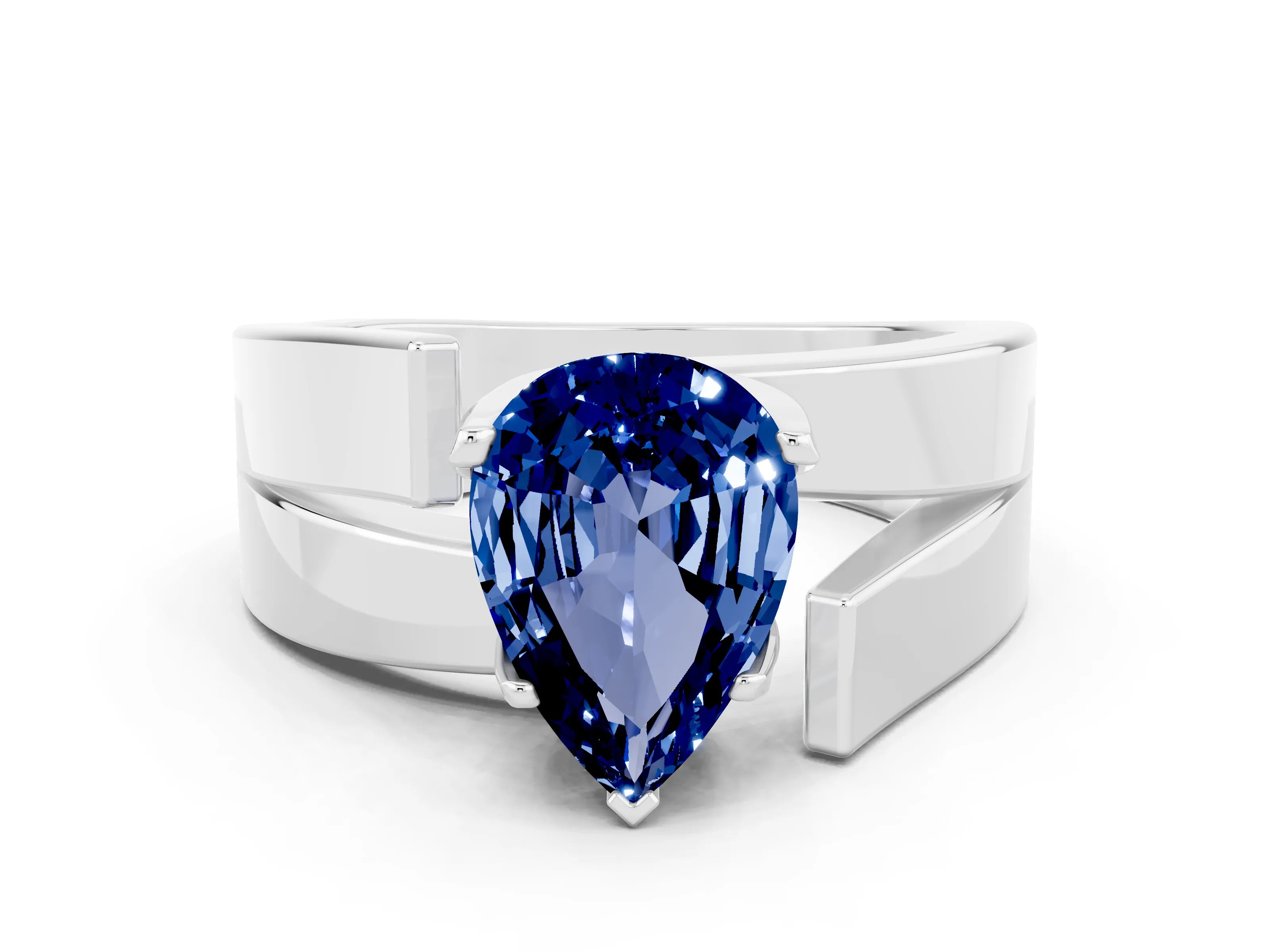 White gold Modern Tension Set Pear Cut Blue Sapphire Solitaire Wide Band Ring