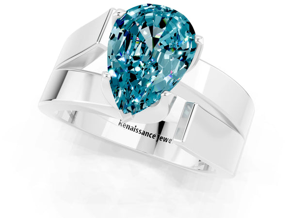Silver Modern Tension Set Pear Cut Blue Topaz Solitaire Wide Band Ring