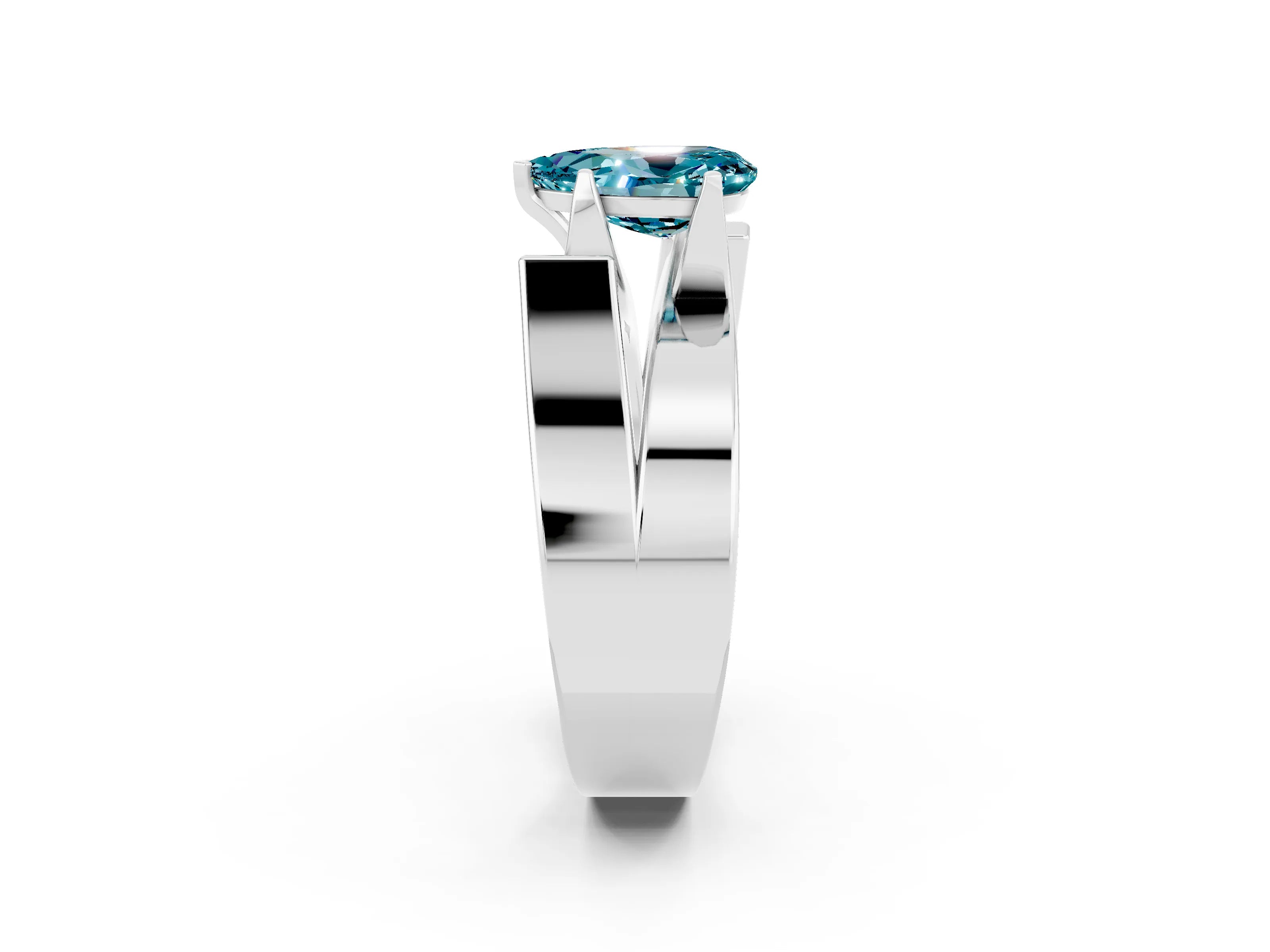 White gold Modern Tension Set Pear Cut Blue Topaz Solitaire Wide Band Ring_2