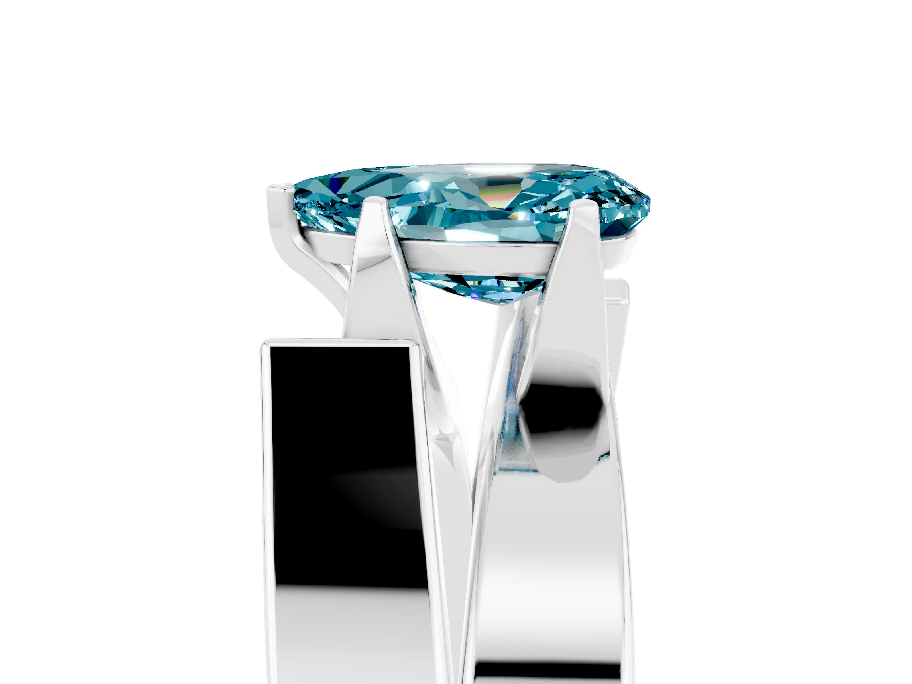 White gold Modern Tension Set Pear Cut Blue Topaz Solitaire Wide Band Ring_5
