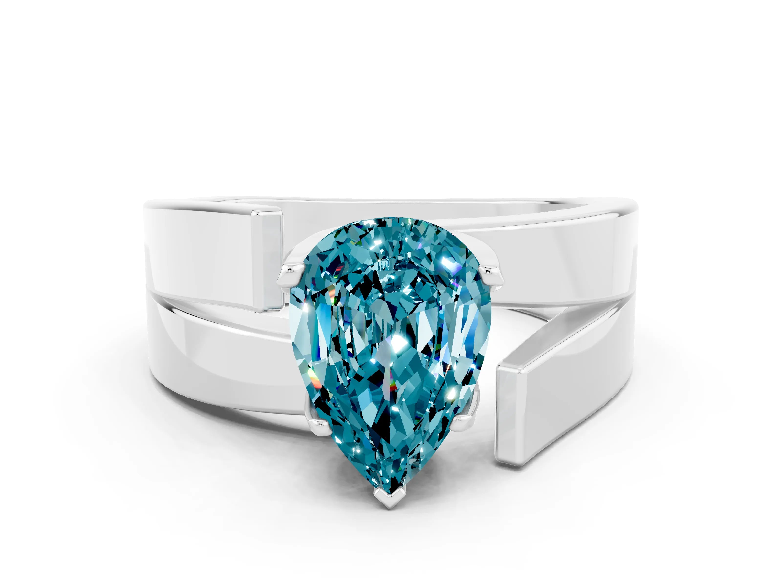 White gold Modern Tension Set Pear Cut Blue Topaz Solitaire Wide Band Ring