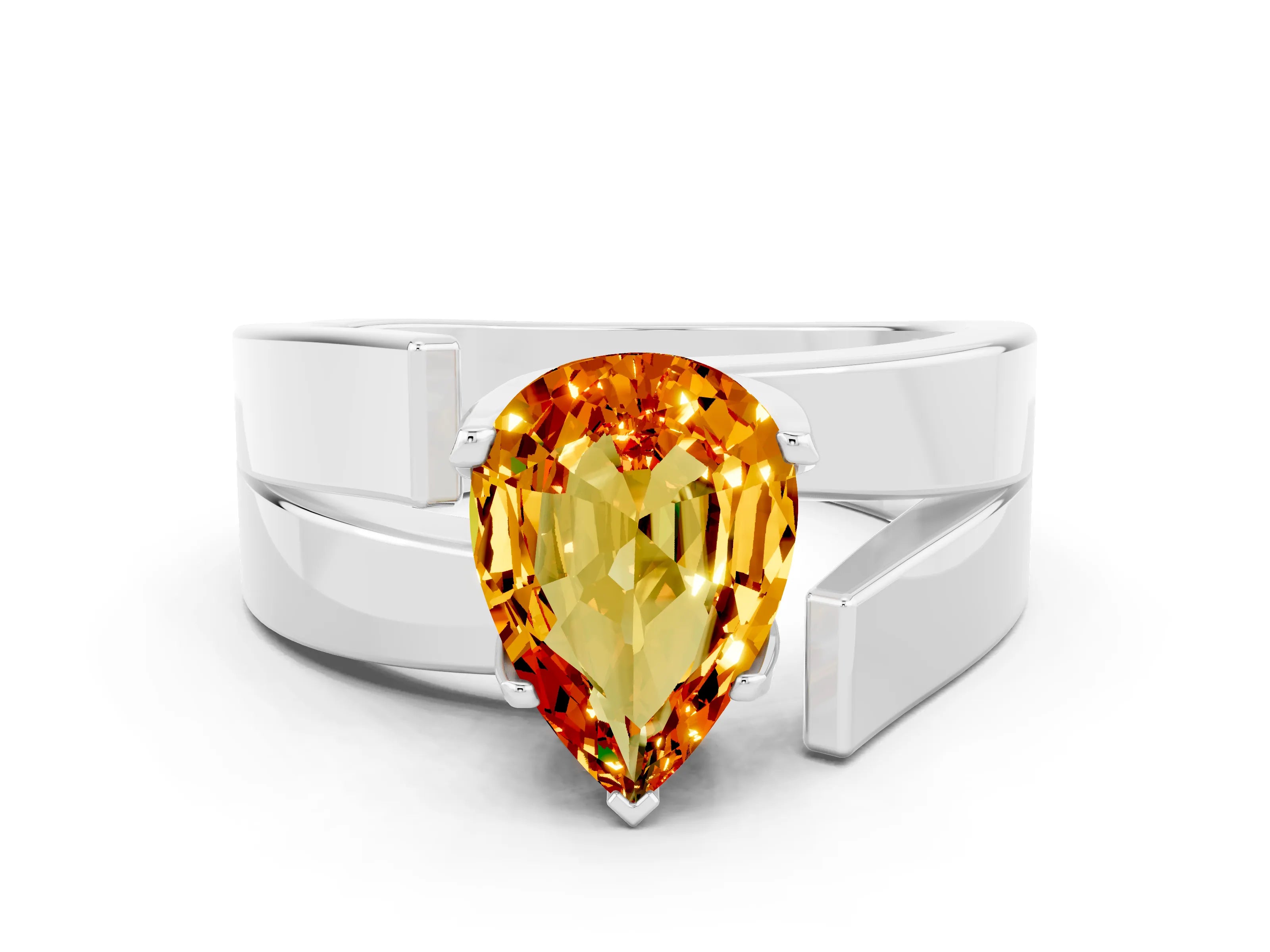 White gold Modern Tension Set Pear Cut Citrine Solitaire Wide Band Ring_24