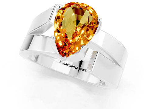 White gold Modern Tension Set Pear Cut Citrine Solitaire Wide Band Ring_25
