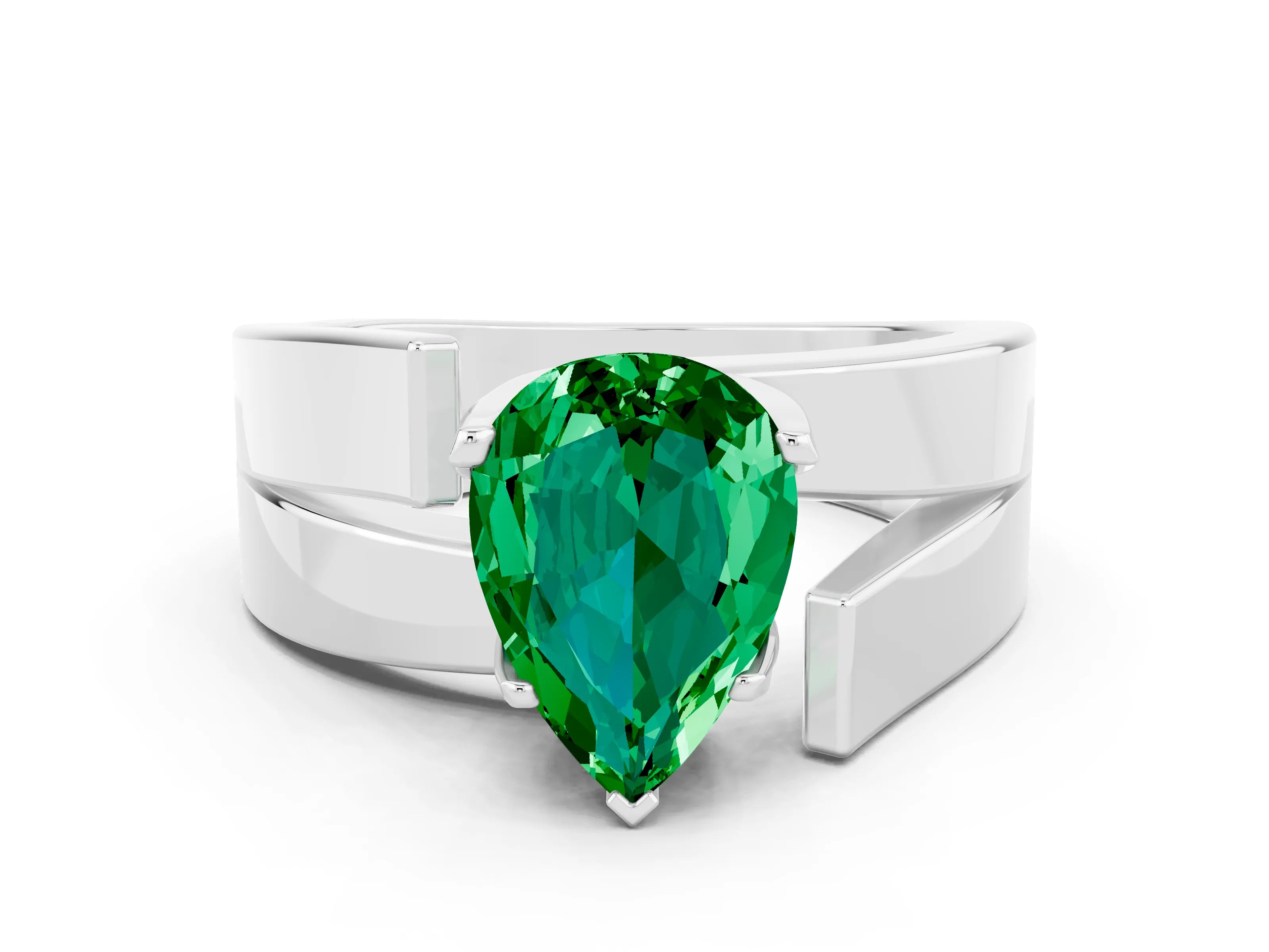White gold Modern Tension Set Pear Cut Emerald Solitaire Wide Band Ring