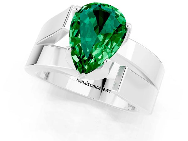 White gold Modern Tension Set Pear Cut Emerald Solitaire Wide Band Ring