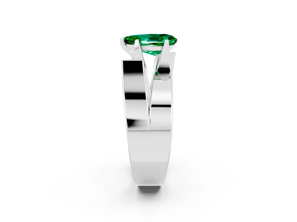 Silver Modern Tension Set Pear Cut Emerald Solitaire Wide Band Ring