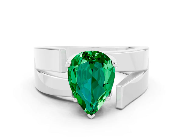White gold Modern Tension Set Pear Cut Emerald Solitaire Wide Band Ring