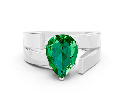 White gold Modern Tension Set Pear Cut Emerald Solitaire Wide Band Ring