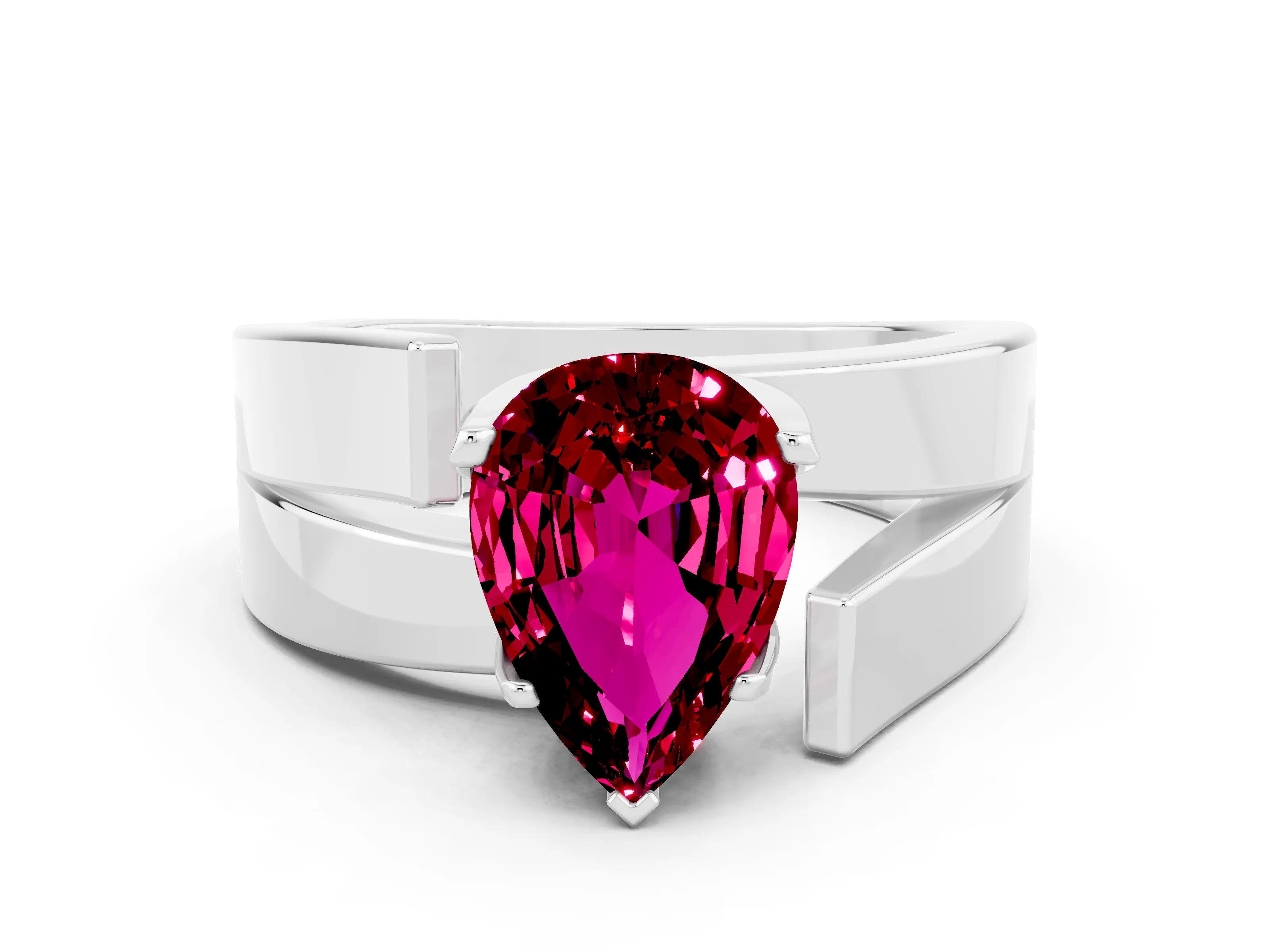 White gold Modern Tension Set Pear Cut Garnet Solitaire Wide Band Ring