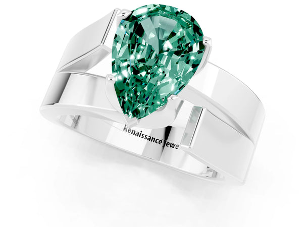 White gold Modern Tension Set Pear Cut Green Sapphire Solitaire Wide Band Ring