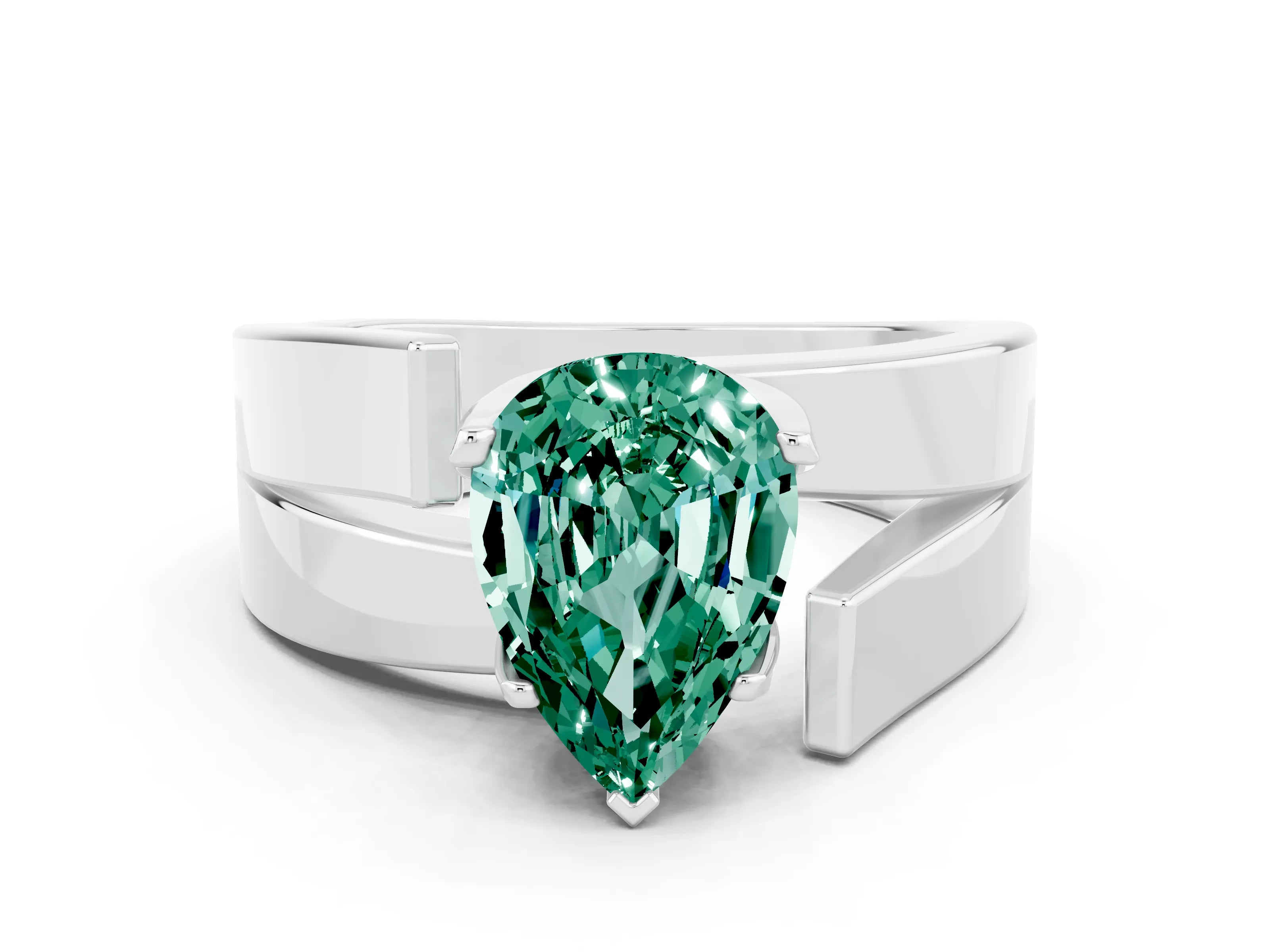 White gold Modern Tension Set Pear Cut Green Sapphire Solitaire Wide Band Ring_24