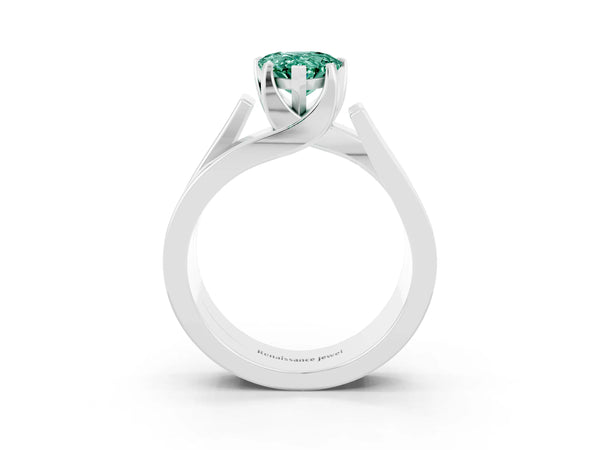 Silver Modern Tension Set Pear Cut Green Sapphire Solitaire Wide Band Ring
