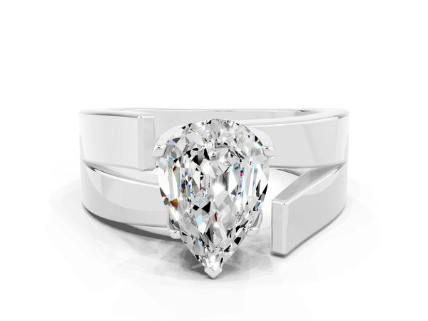 Platinum Modern Tension Set Pear Cut Moissanite Solitaire Wide Band Ring