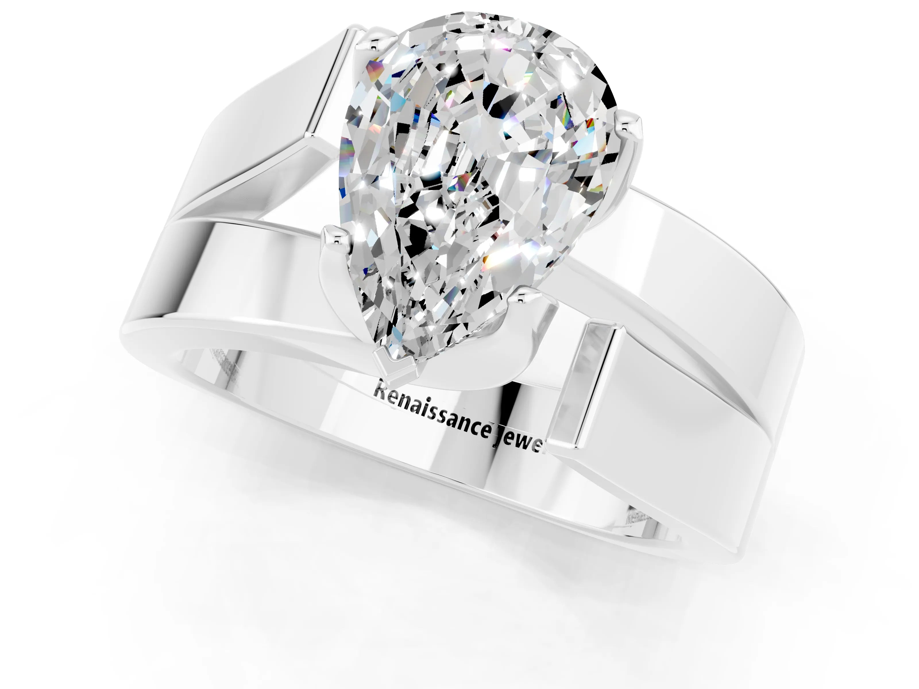 White gold Modern Tension Set Pear Cut Moissanite Solitaire Wide Band Ring_1