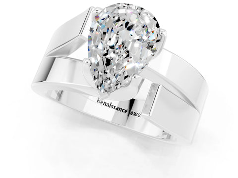 White gold Modern Tension Set Pear Cut Moissanite Solitaire Wide Band Ring_1