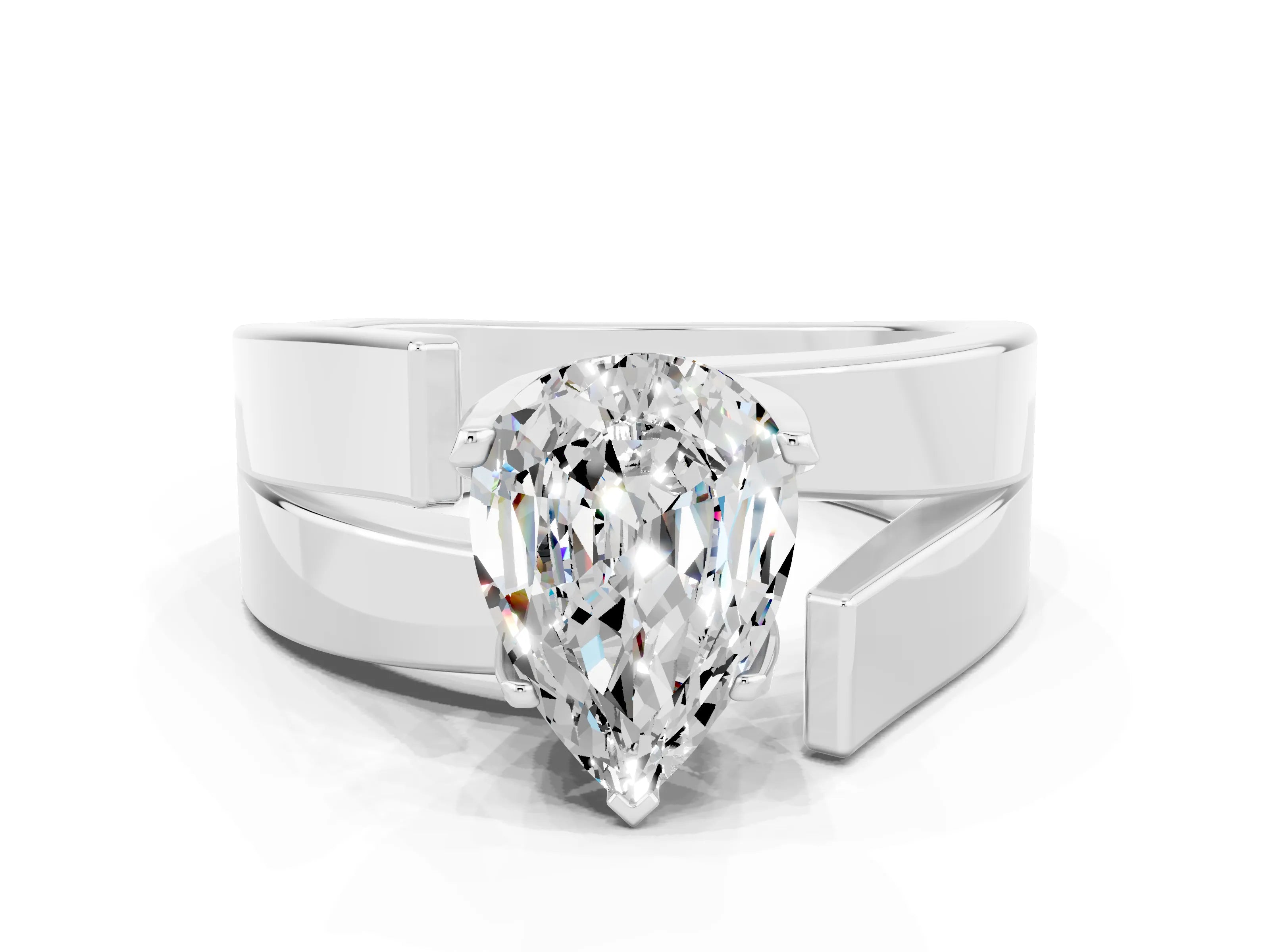 White gold Modern Tension Set Pear Cut Moissanite Solitaire Wide Band Ring